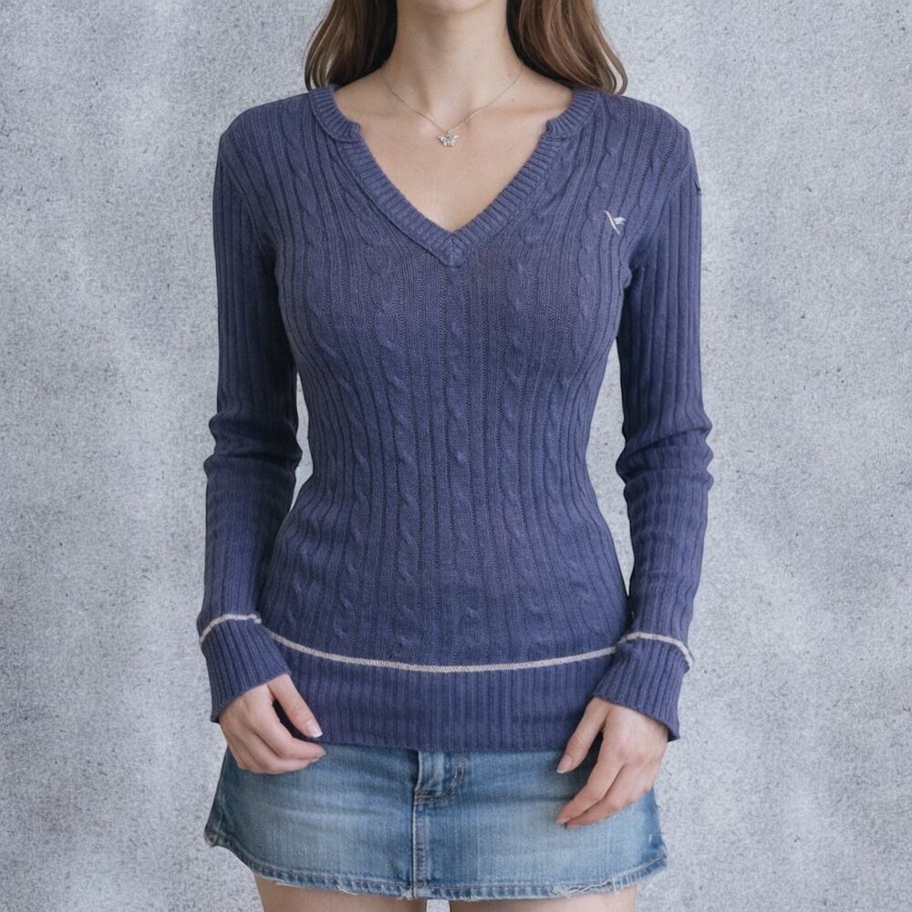 Vintage Y2K Graine Blue Cable Knit V Neck Sweater Medium